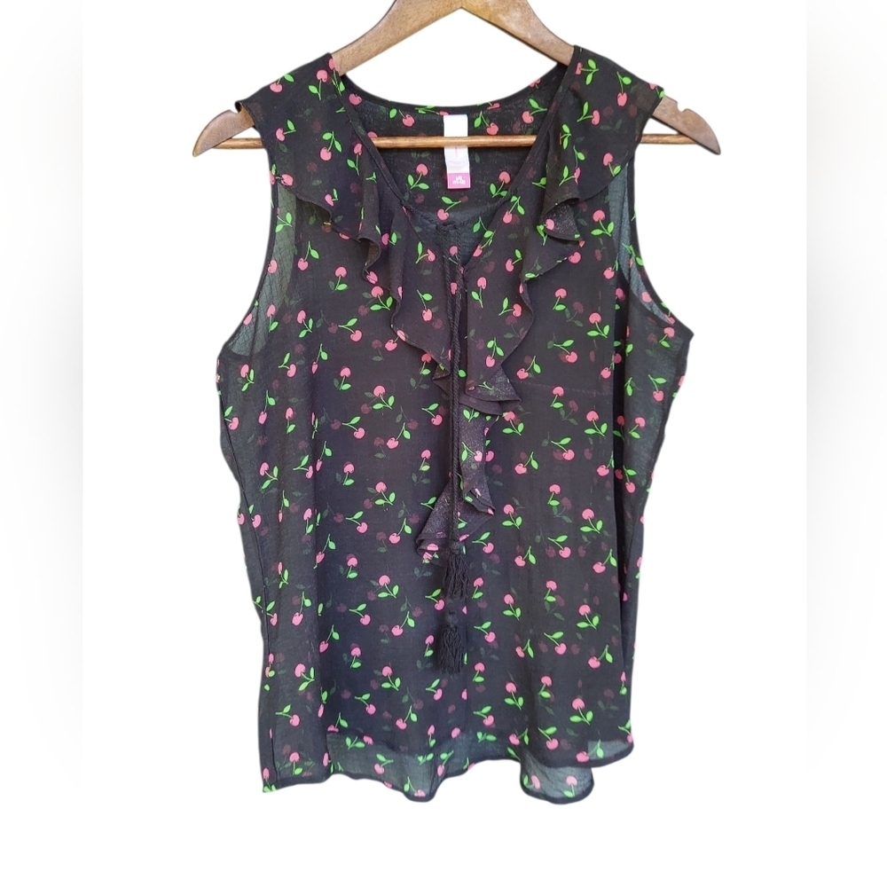 Floral Ruffle Sleeveless Top - Black with Pink and Green Cherries
